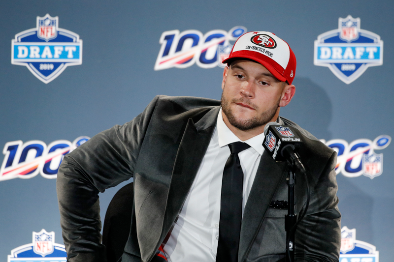 Nick Bosa of Ohio State speaks to the media after being selected with the second pick in the first round of the NFL Draft by the San Francisco 49ers on April 25, 2019 in Nashville, Tennessee.